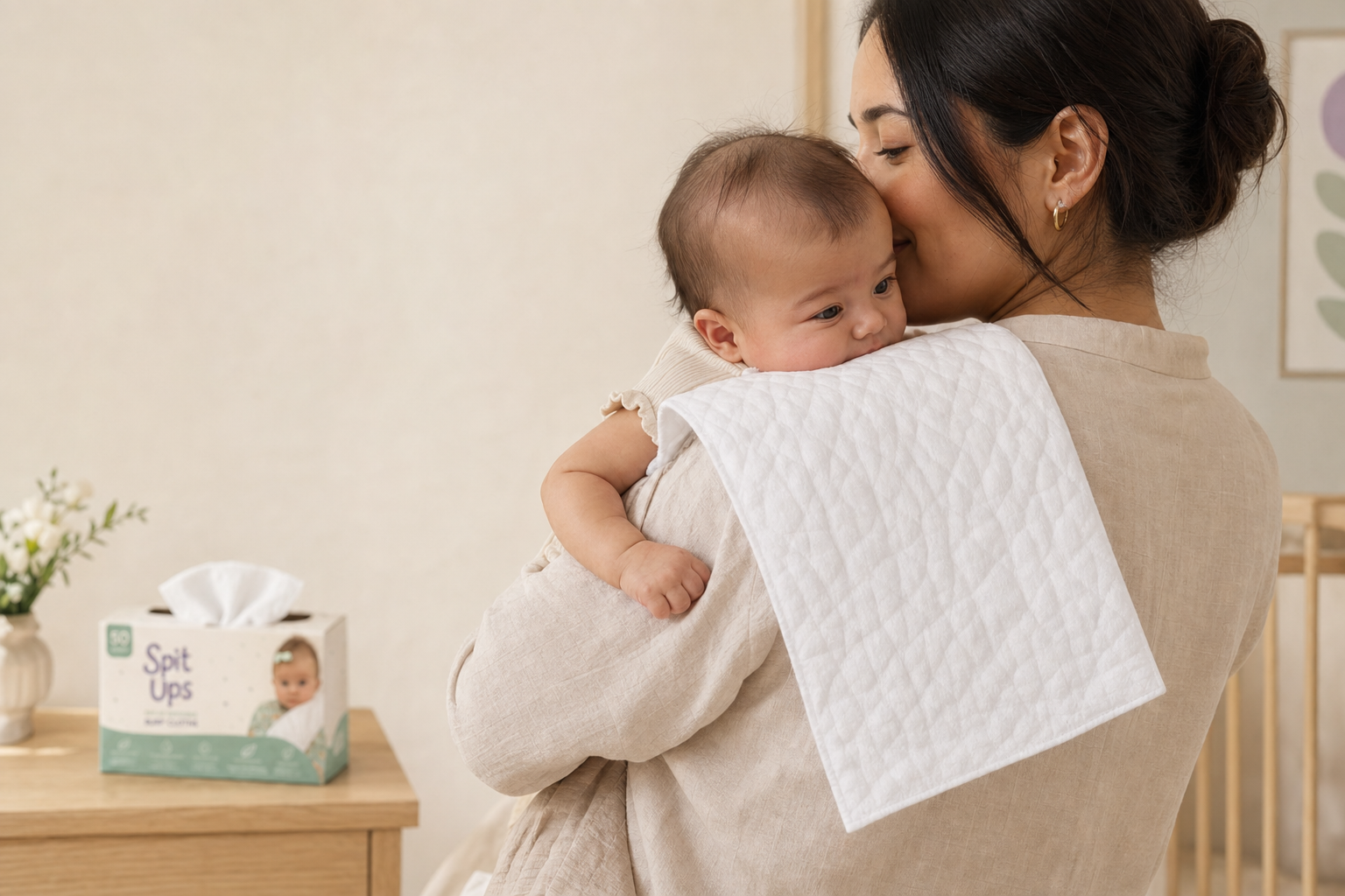 A parent cuddles a baby with a quilted Spit Ups cloth over her shoulder
