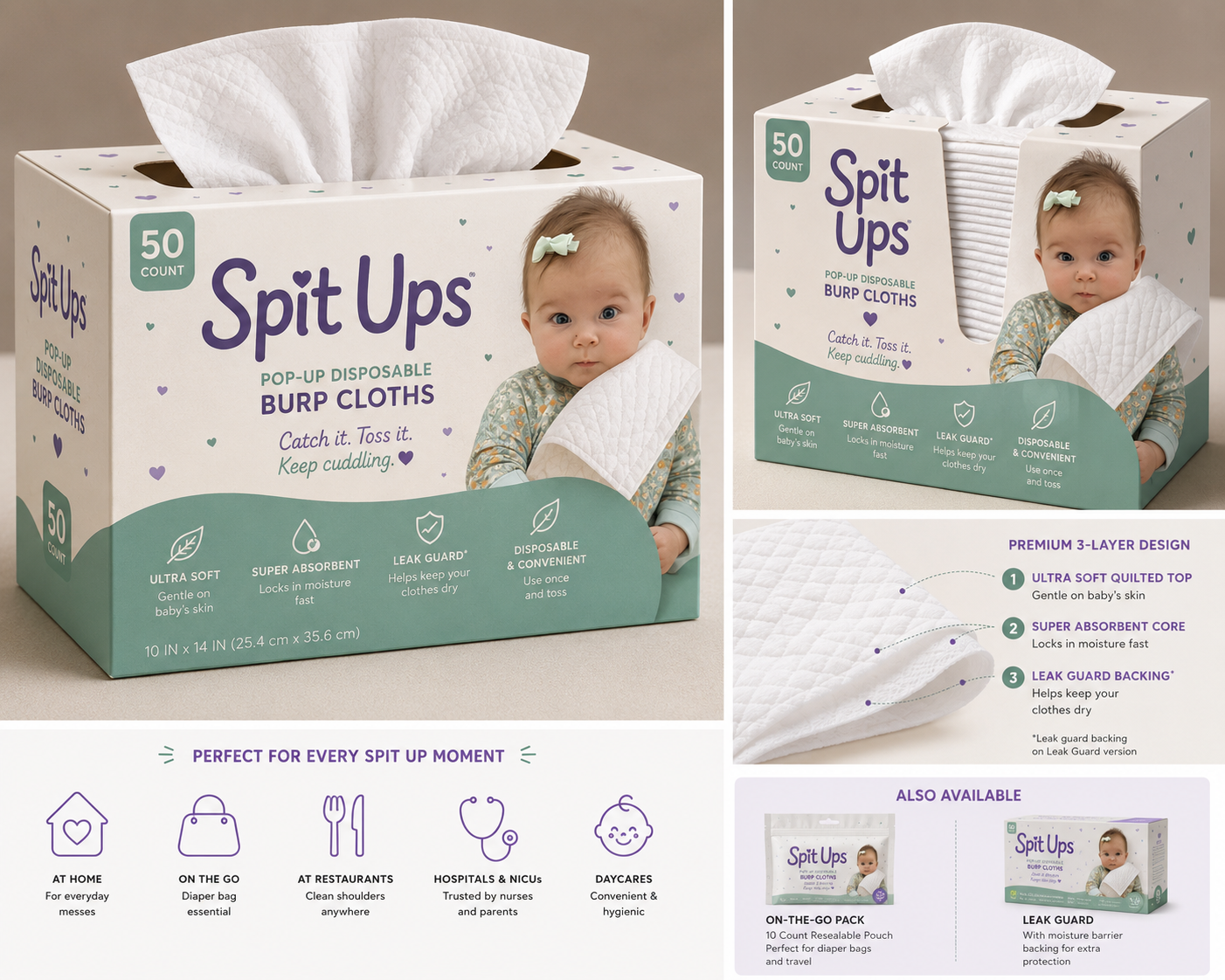 Spit Ups product concept showing the quilted cloth, packaging, and three-layer construction